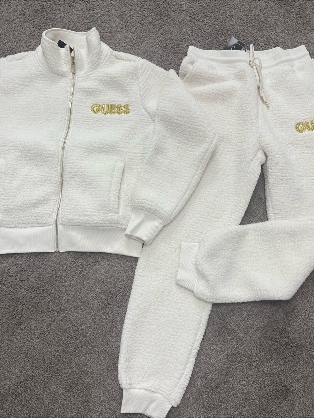 New womens Guess Sherpa Zip Jacket & Jogger Set with Gold Logo